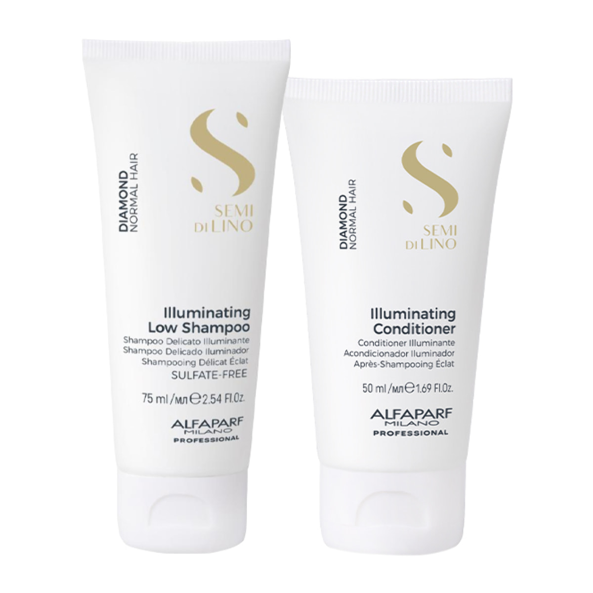 Kit ALFAPARF MILANO Diamond Semi Di Lino Champú Iluminador Suave 75 ml + Acondicionador 50 ml