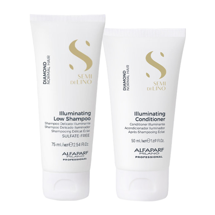 Kit ALFAPARF MILANO Diamond Semi Di Lino Champú Iluminador Suave 75 ml + Acondicionador 50 ml