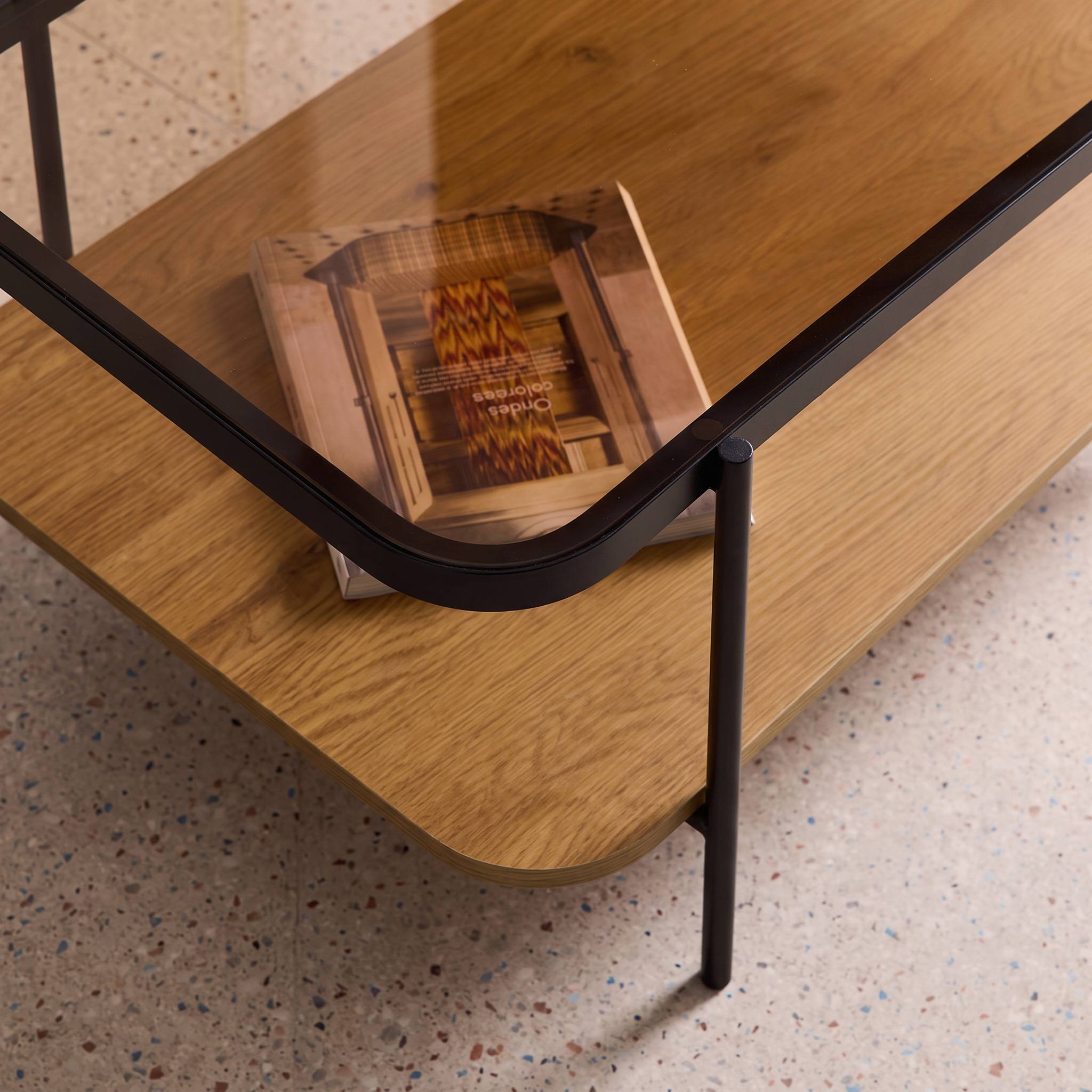 Table basse rectangulaire double plateau verre, décor bois et métal SMOOKY