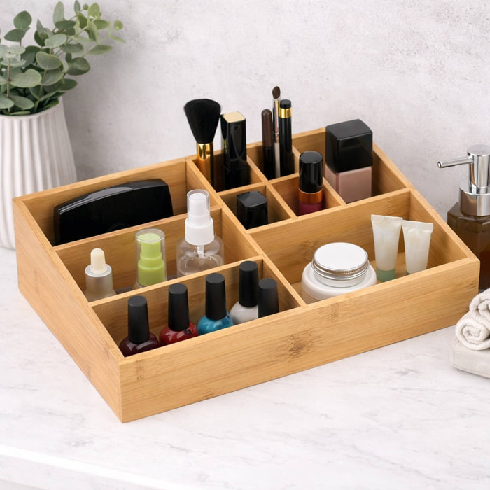 Organizador de Maquillaje 10 Compartimentos de Bambú Beige – Ecológico, Multifuncional y Elegante para Tocador o Escritorio