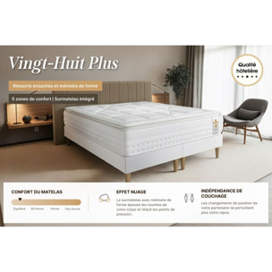 Ensemble Matelas Vingt-Huit PLUS - 28cm - Ressorts ensachés et mémoire de forme - Technologie hôtelière - Sommier Tapissier Gris