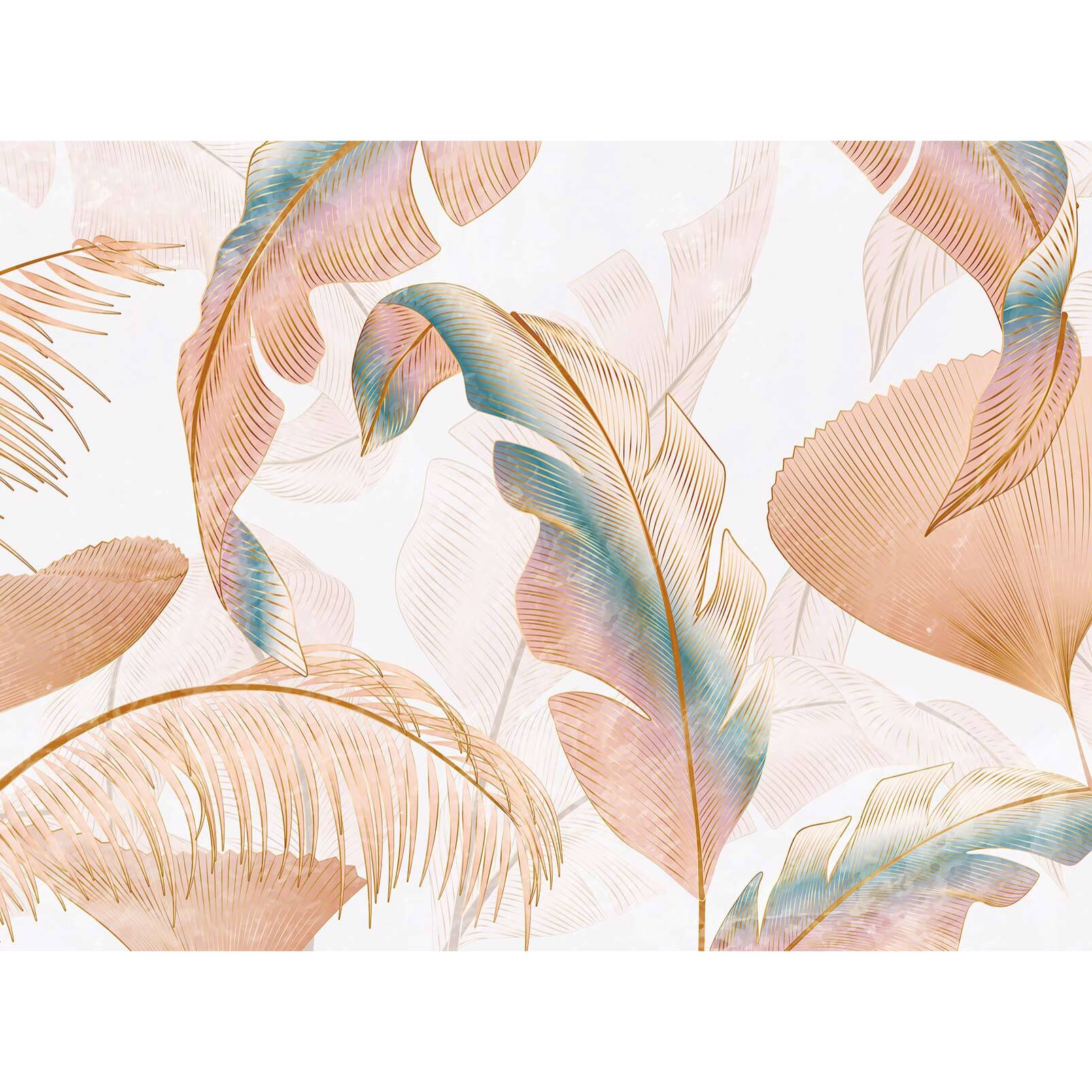 Papier peint feuillage tropical pastel doré ambiance douce Intissé