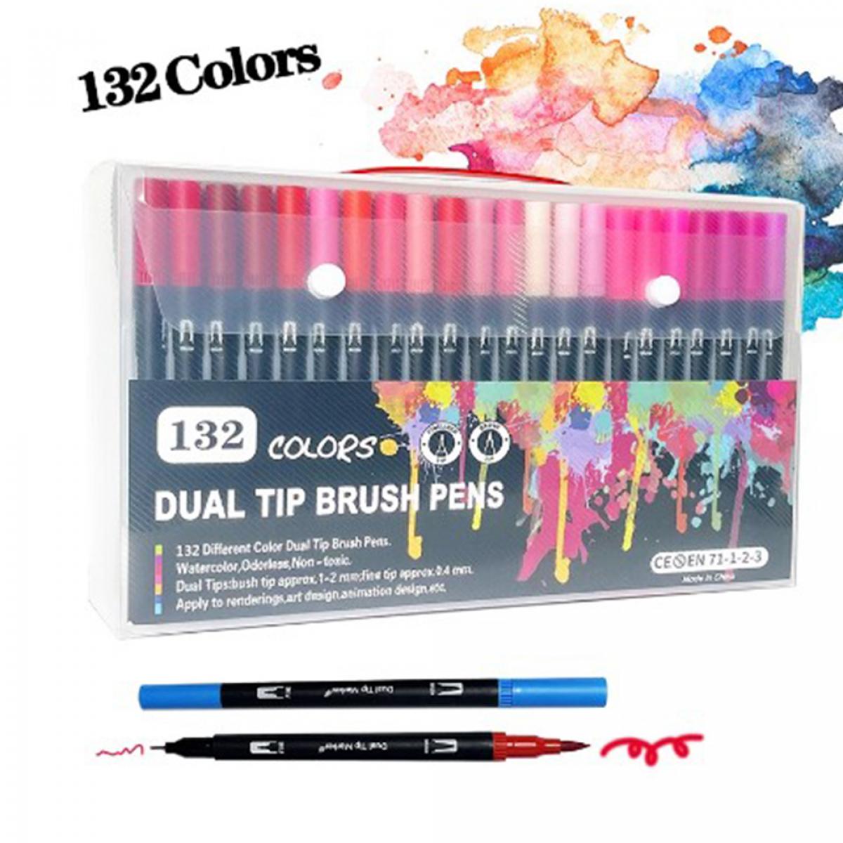 Set 132 Rotuladores BLACK LINE color doble punta, punta fina 0,4 mms y punta pincel acuarelable profesional. Forma redonda ergonómica para lettering, caligrafía, ilustraciones…