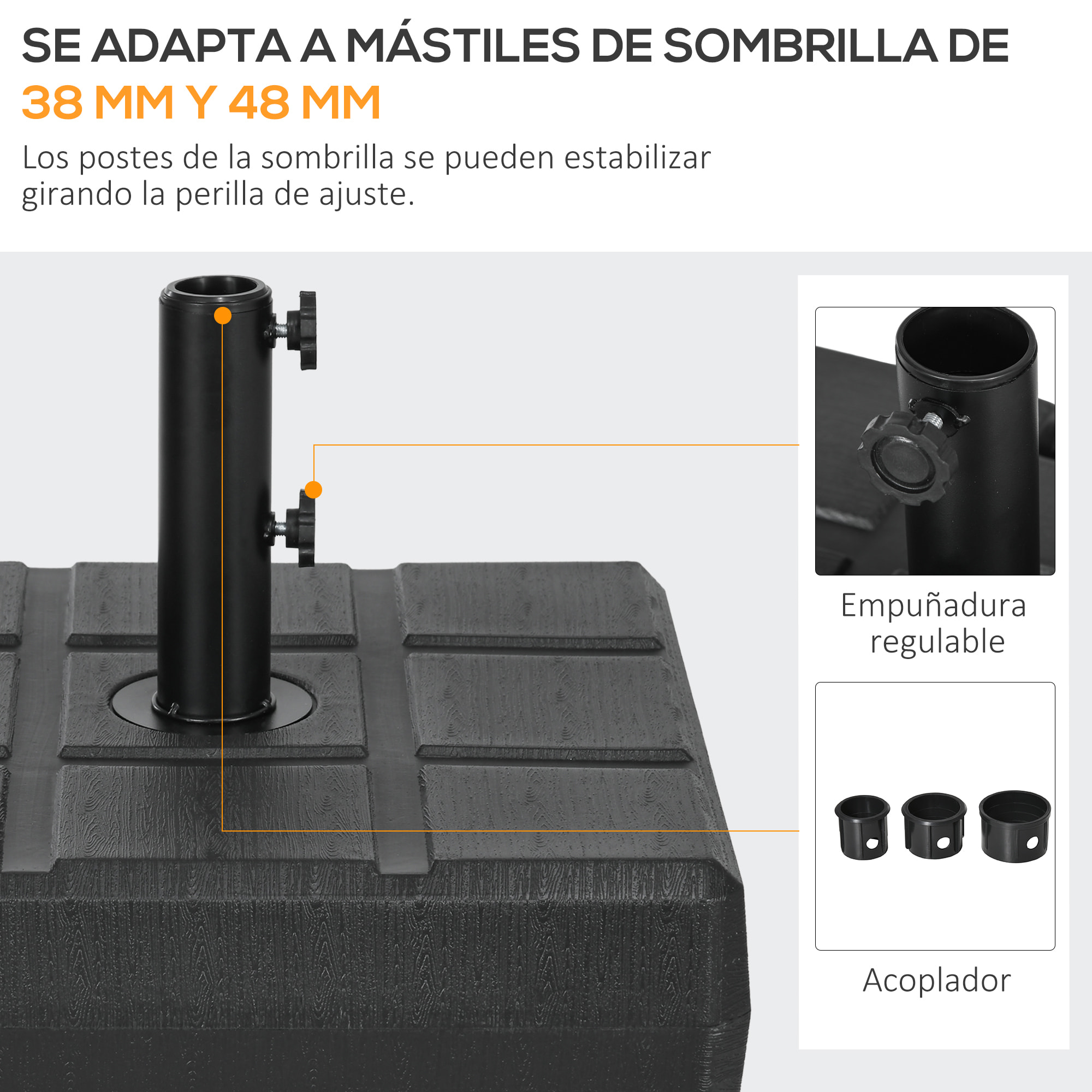 Base de Sombrilla Rectangular Soporte para Parasol Rellenable de Agua 30 kg y Arena 40 kg para Poste de Paraguas de Ø38/48 mm para Terraza Patio Jardín 49x49x36,5 cm Negro