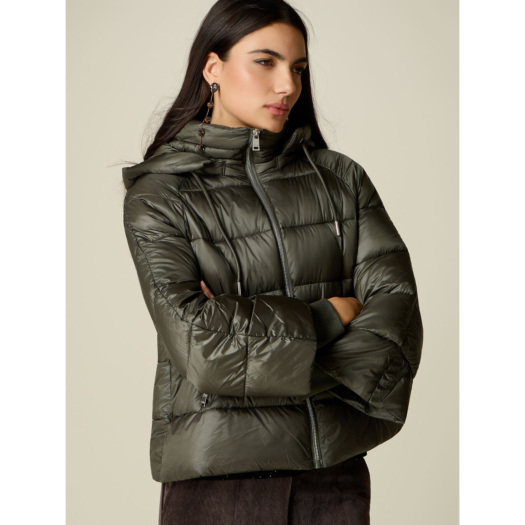 Oltre - Piumino in nylon con cappuccio - Verde militare