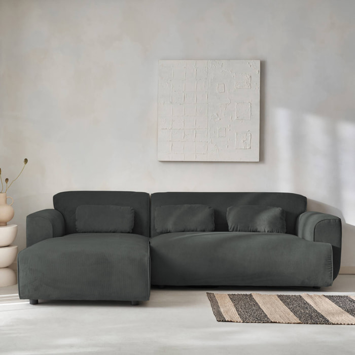 Canapé d'angle gauche. 2 à 3 places. velours côtelé gris. Wallas L 196 x P 151 / 91 / x H 73cm