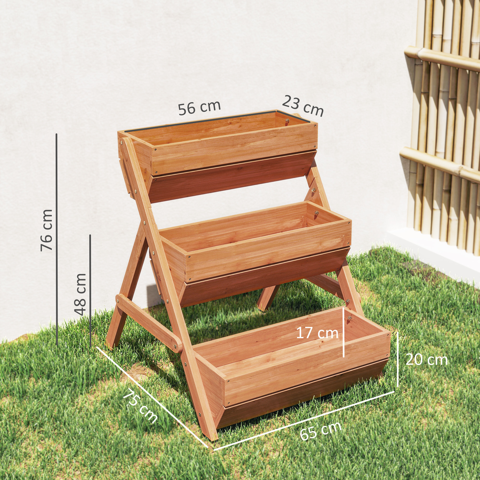 Jardinera de Madera de 3 Niveles, Jardinera Elevada Exterior con Orificios de Drenaje, Macetero para Cultivos de Plantas, Flores, para Terraza, Jardín, 65x75x76 cm, Marrón