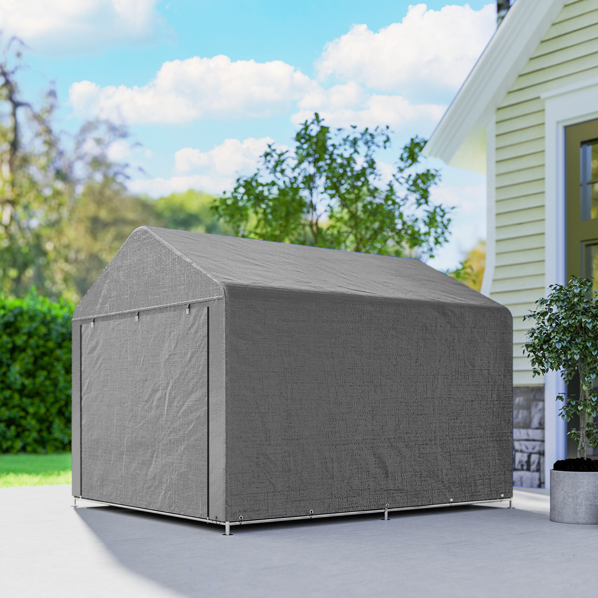 Carpa de Jardín Exterior para Herramientas, Bicicletas, 2,4x2x2 m, Cobertizo Exterior con Marco Metal Galvanizado, Puerta Enrollable con Cremallera, Impermeable, UV30+, Garaje Portátil, Gris