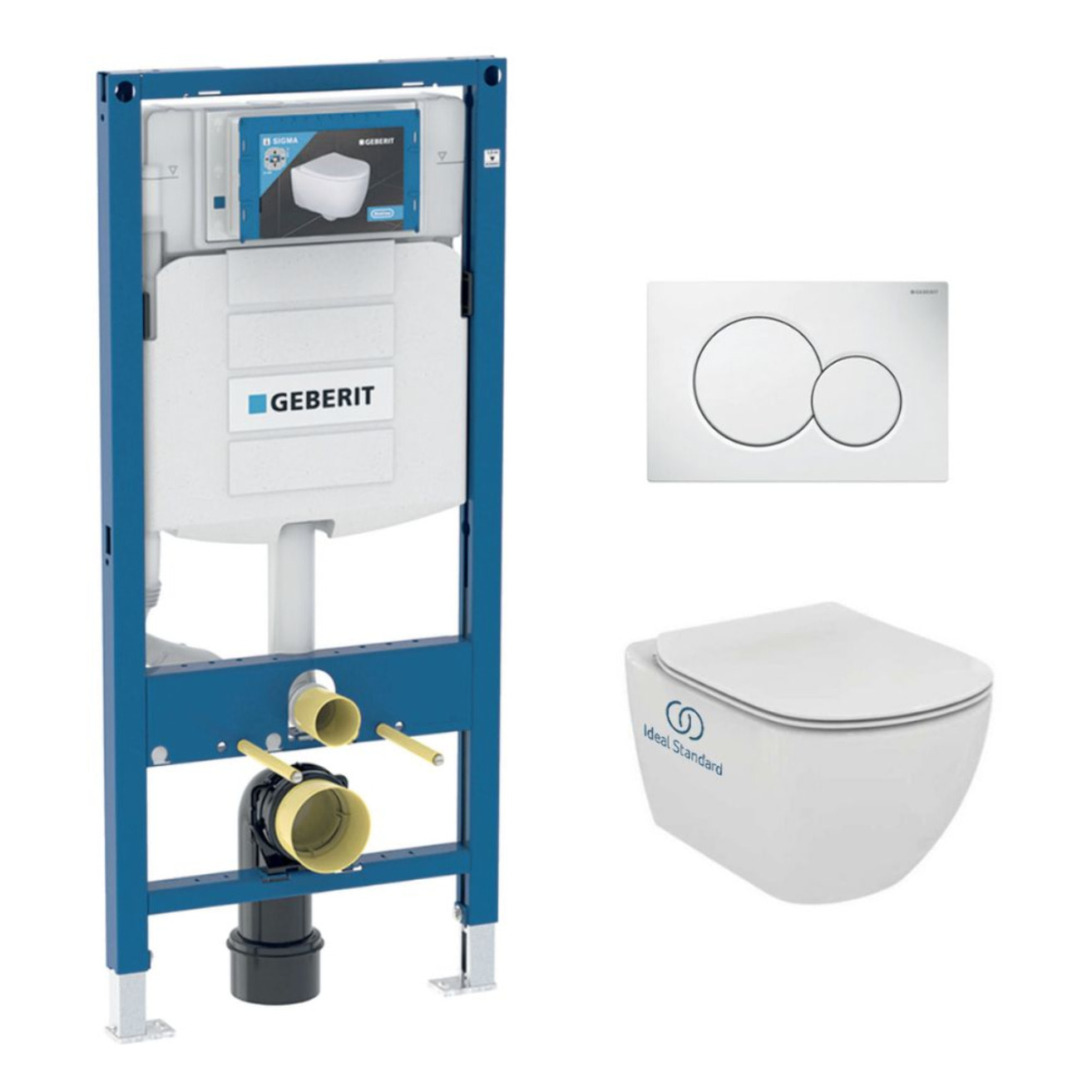 Pack WC Bati Geberit  Duofix + Cuvette Ideal Standard Tesi Aquablade + Plaque de commande Sigma01 Blanche (GEBAQUA-B)