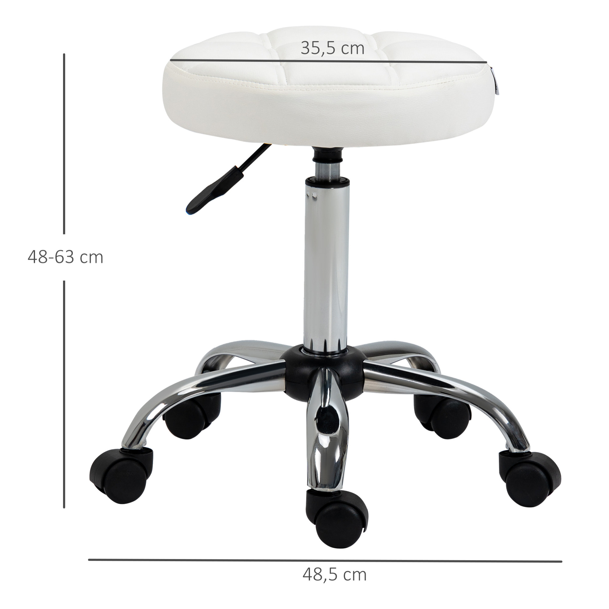 Taburete Giratorio con Ruedas Regulable en Altura de 48-63 cm Taburete de Trabajo Tapizado en Cuero PU para Peluquería Cosmética Dentista Diámetro Ø35,5 cm Blanco