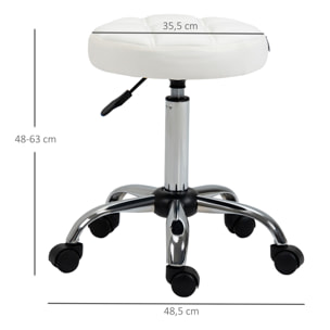 Taburete Giratorio con Ruedas Regulable en Altura de 48-63 cm Taburete de Trabajo Tapizado en Cuero PU para Peluquería Cosmética Dentista Diámetro Ø35,5 cm Blanco