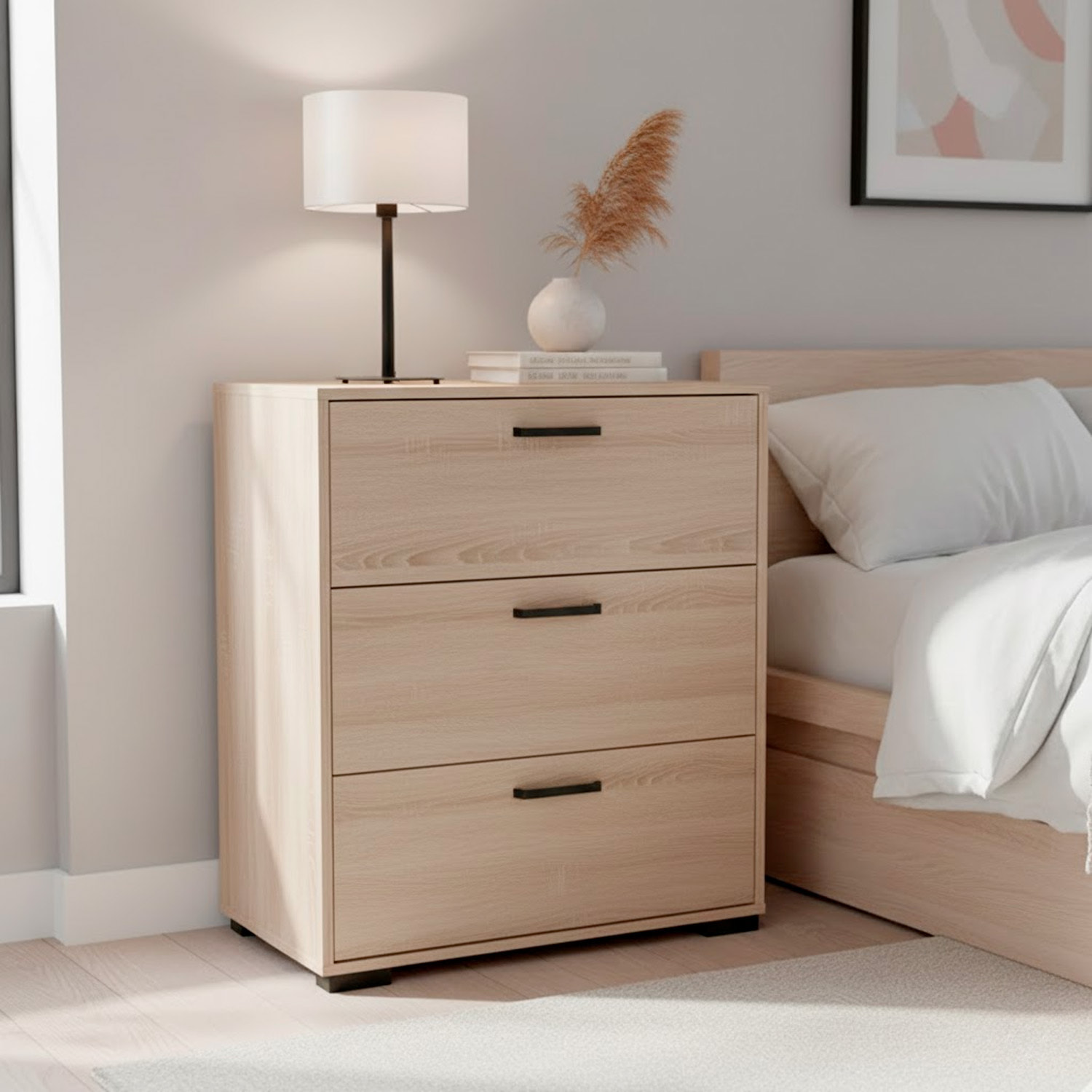 Cassettiera a 3 Cassetti Comò Comodino Mobile Contenitore Salvaspazio Design Moderno Camera da Letto Ingresso Soggiorno 70.2x39.8x82.7 Cm Rovere