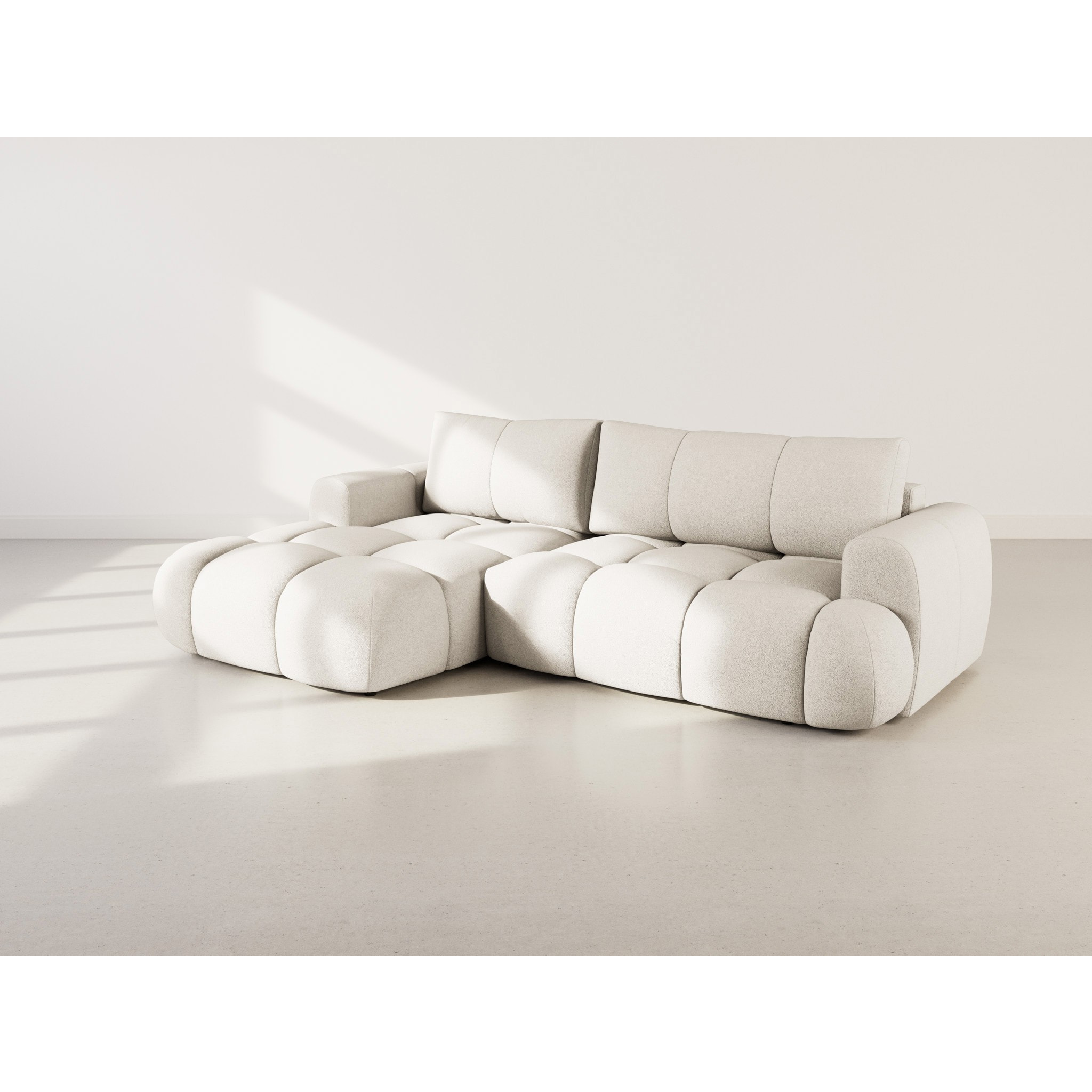 Yulin - Canapé d'angle gauche 4 places convertible avec coffre en tissu bouclette - Beige