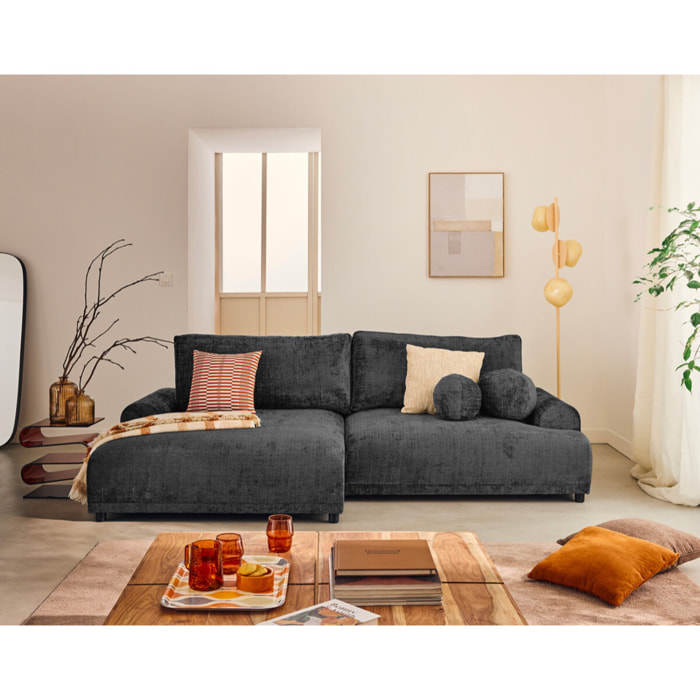 Nelly - canapé d'angle gauche 4 places convertible avec coffre en velours texturé - Gris Anthracite