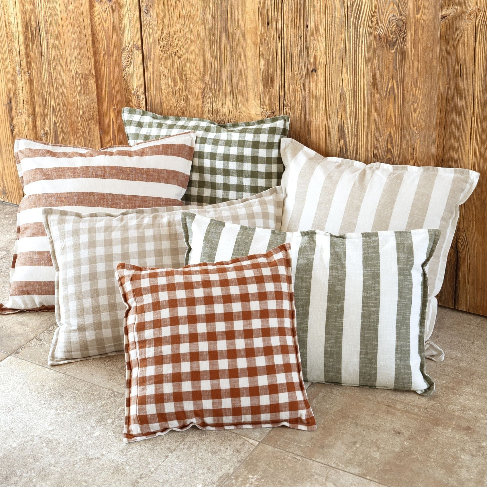 Housse de coussin recto-verso 100% coton rayures et vichy LOURMARIN - Kaki