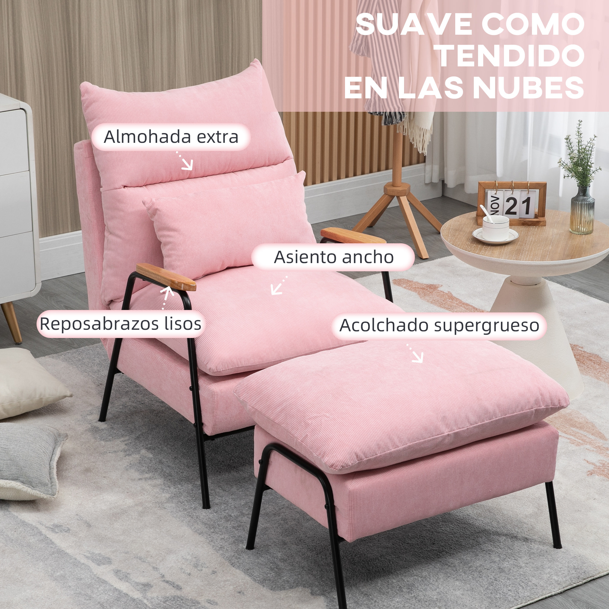 Sillón Relax con Reposapiés Sillón Reclinable con Respaldo Ajustable Tapizado en Pana Marco de Acero y Cojines para Salón Dormitorio 68x91,5x88 cm Rosa