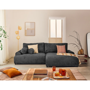 Nelly - canapé d'angle droit 4 places convertible avec coffre en velours texturé - Gris Anthracite