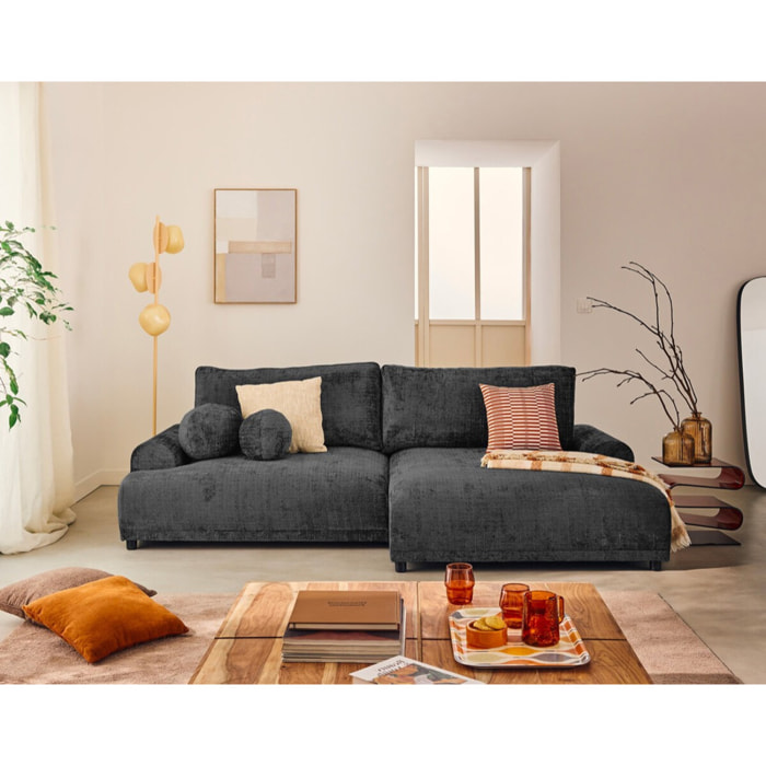 Nelly - canapé d'angle droit 4 places convertible avec coffre en velours texturé - Gris Anthracite