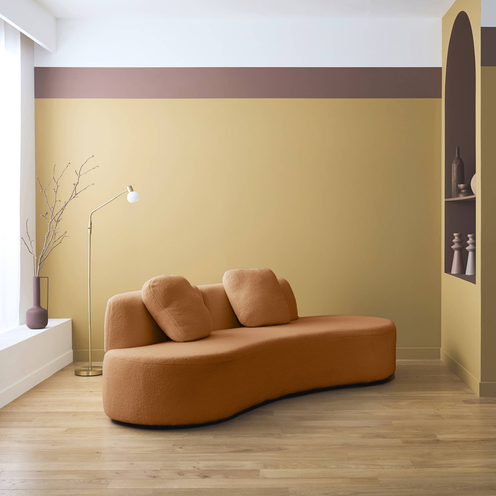 Canapé virgule 3 places en tissu bouclette camel forme organique - WAVE L 232 x P 97 x H 68cm