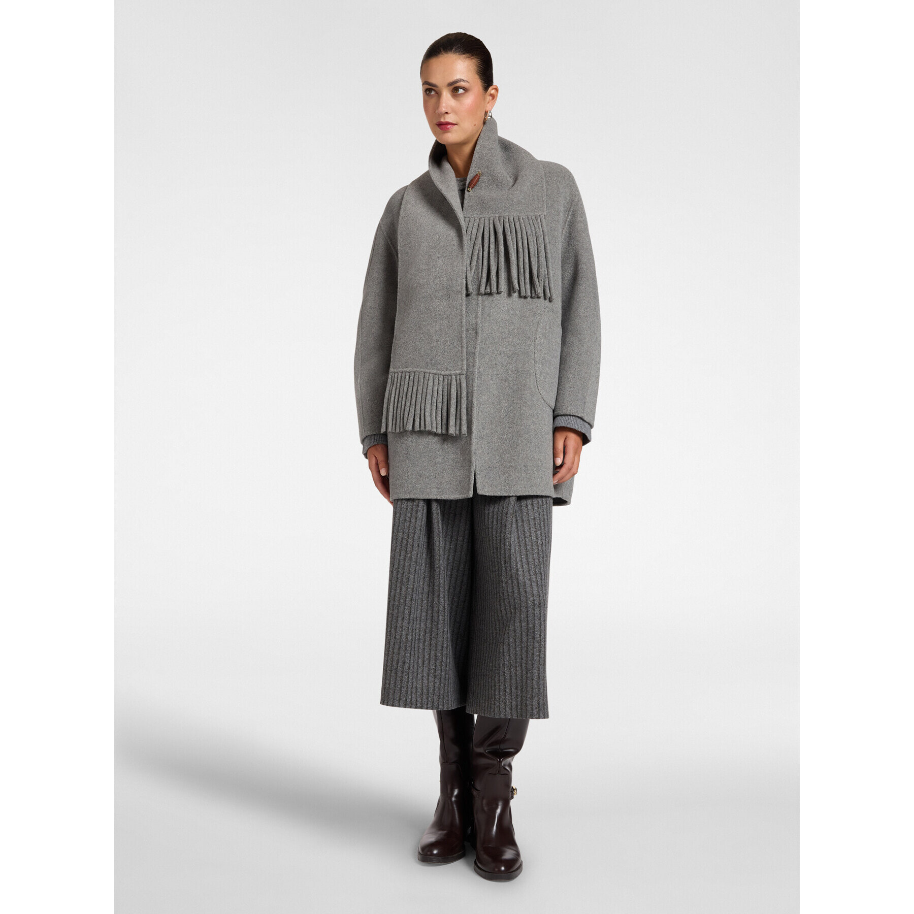 Elena Mirò - Cappotto cocoon in double misto lana con sciarpa - Grigio