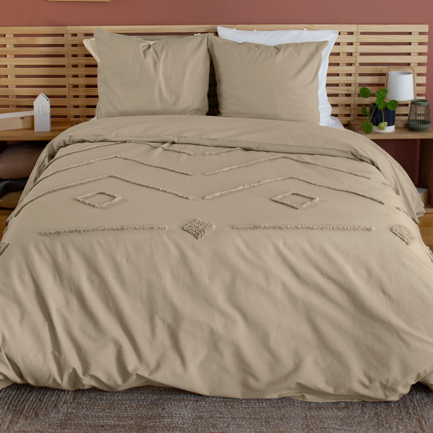 Parure housse de couette unie 100% coton lavé tufté - ficelle