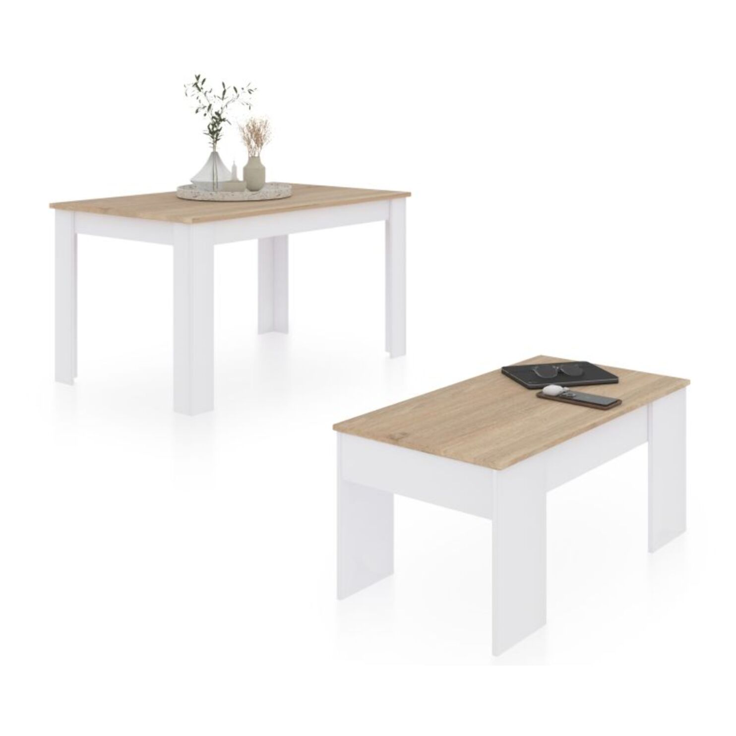 Pack mesa de comedor 123 y mesa de centro Vita Blanco Artik (Blanco Mate) - Roble Canadian