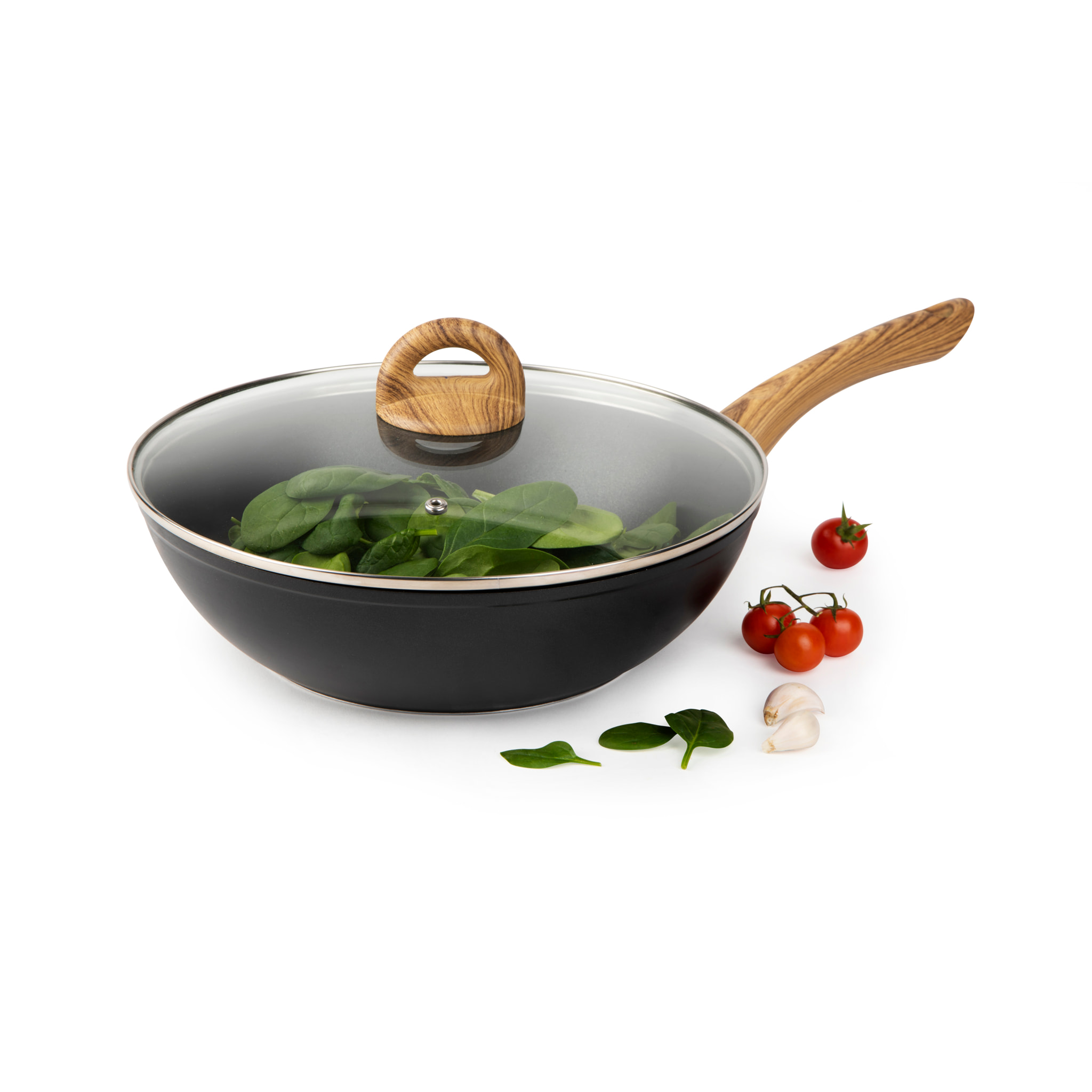 Wok 28 cm avec couvercle Excelsa – Sakura, Aluminium Noir