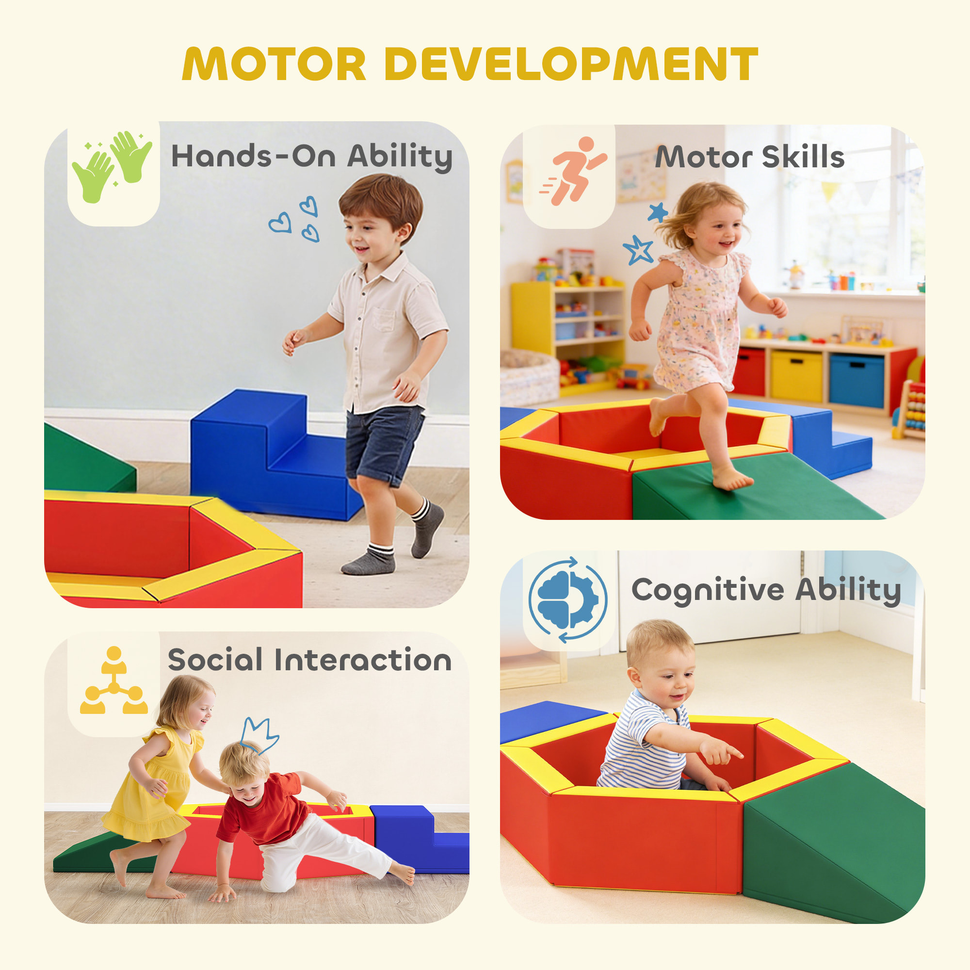 Parcours motricité mousse revêtement synthétique - piscine à balles, rampe, escalier - quadricolore