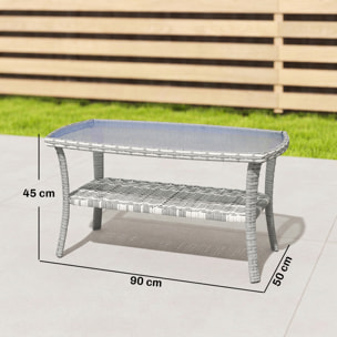 Mesa de Jardín Exterior de Ratán con Estante, Mesita Auxiliar de Jardín Rectangular, Tablero de Vidrio Templado con Ondas, Estructura de Acero, para Terraza, Patio, 90x50x45 cm, Gris Oscuro
