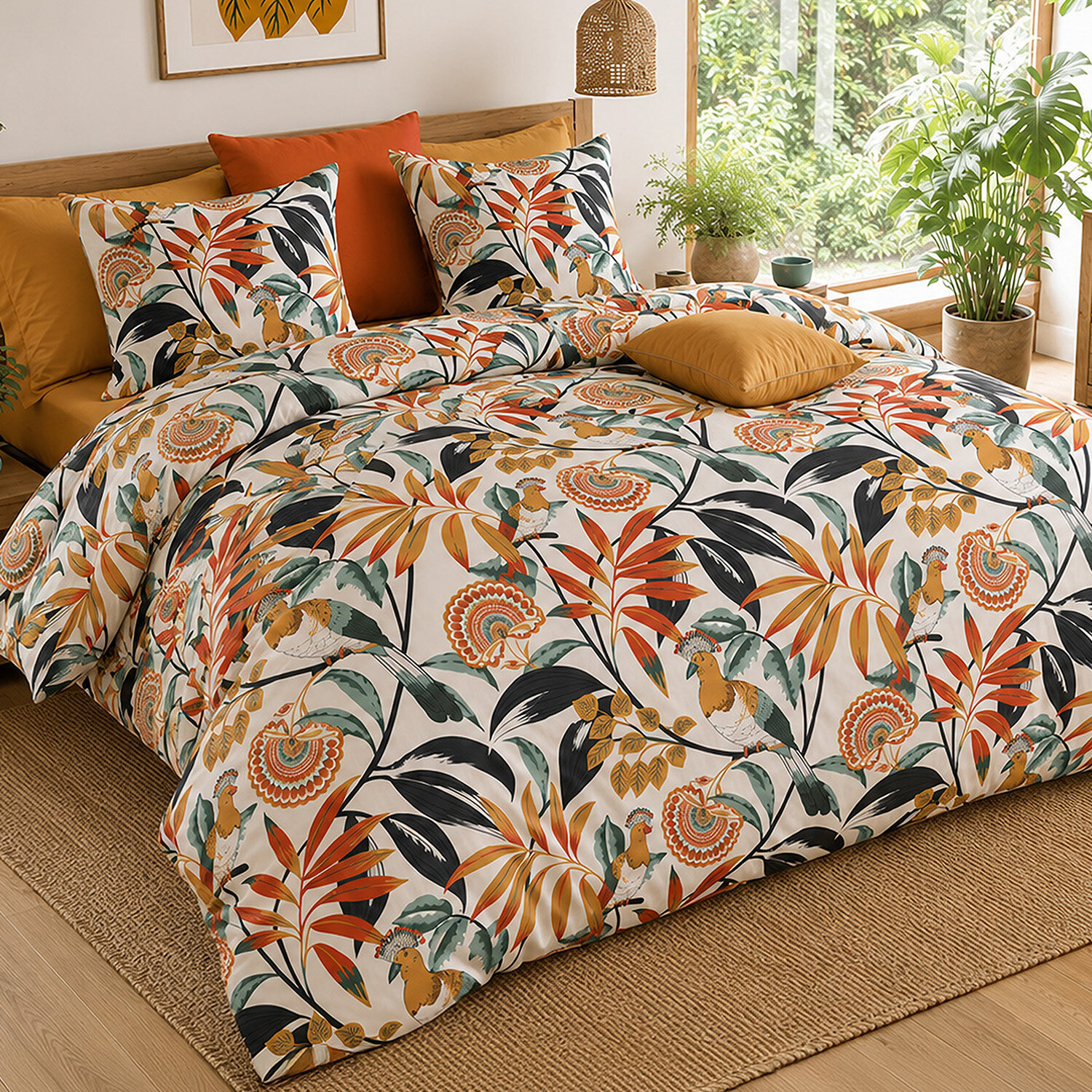 Parure housse de couette 100% percale de coton motif tropical feuillages et oiseaux exotiques - EDONIE