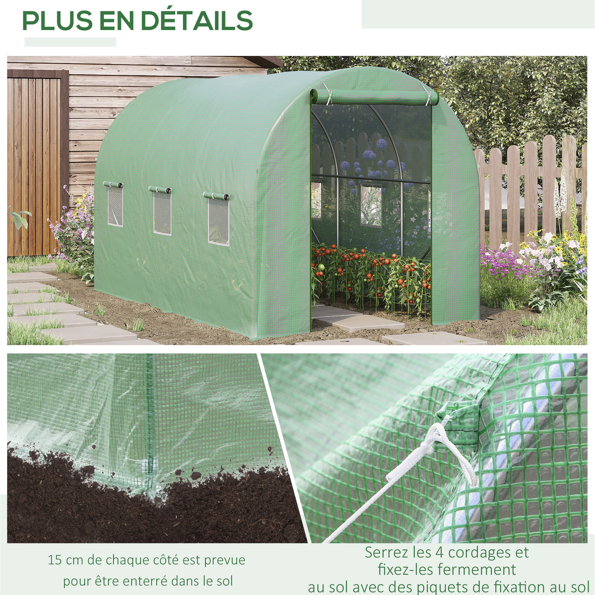 Serre de jardin tunnel 7m² 3,5L x 2l x 2H m châssis tubulaire acier galvanisé renforcé 6 fenêtres 1 portes vert