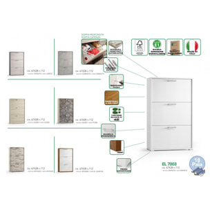 Scarpiera Peonia, Mobile multiuso da ingresso con 3 ante a ribalta, Armadietto portascarpe a doppia profondità, 100% Made in Italy, Cm 67x28h112, Bianco e Cemento