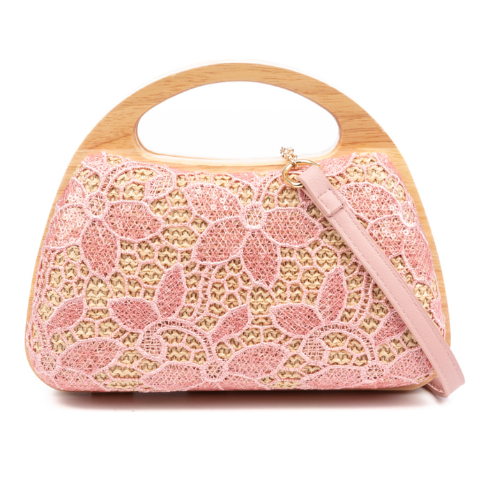 Ausa bolso de mano fabricado en madera natural, con papel trenzado y jute diseño malla de tejido floral