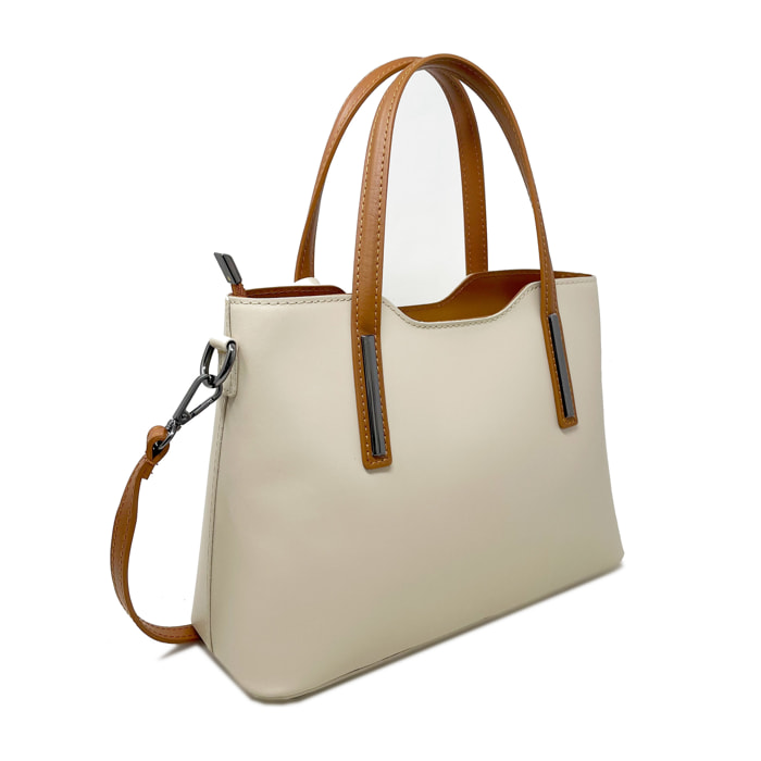Chicca Borse - Borsa a Mano Donna in Vera Pelle - Colore Beige - Cuoio