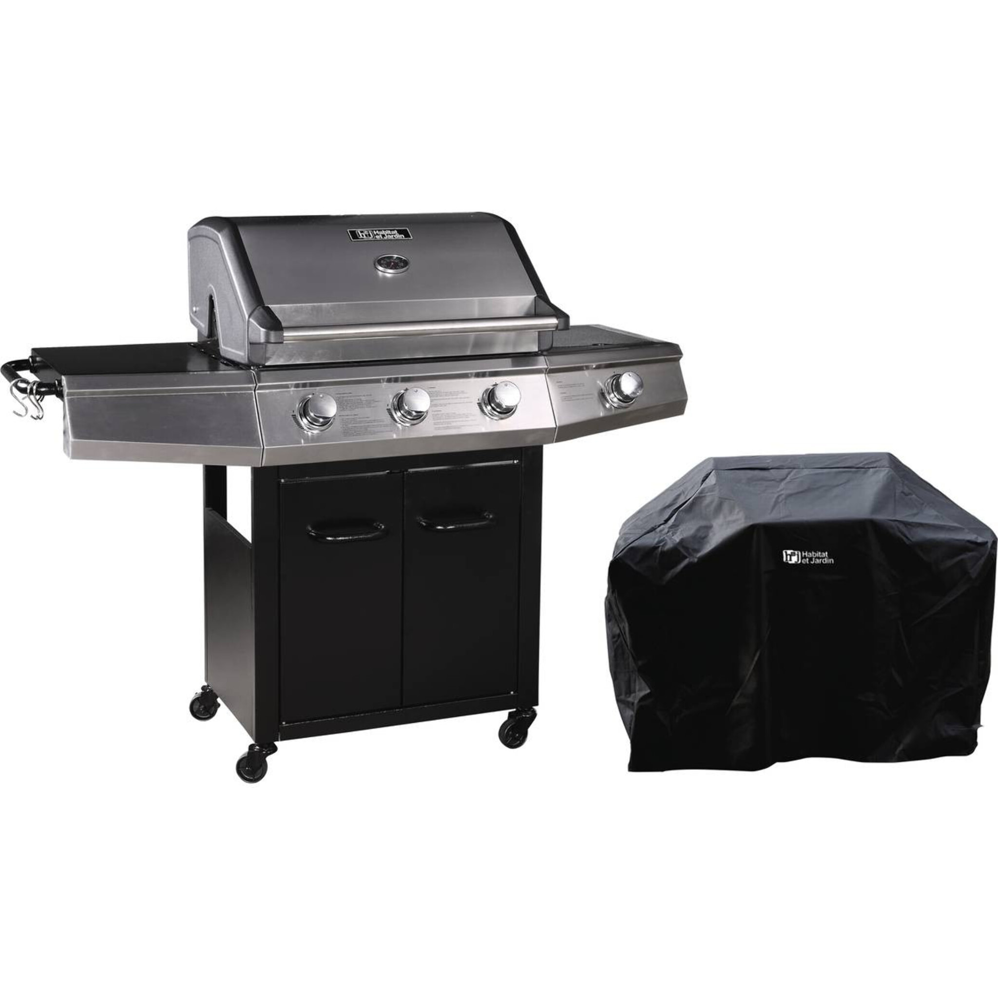 Barbecue Gaz avec LED "Bingo 4" - 4 brûleurs dont 1 latéral - 14kW + Housse protection - Noir