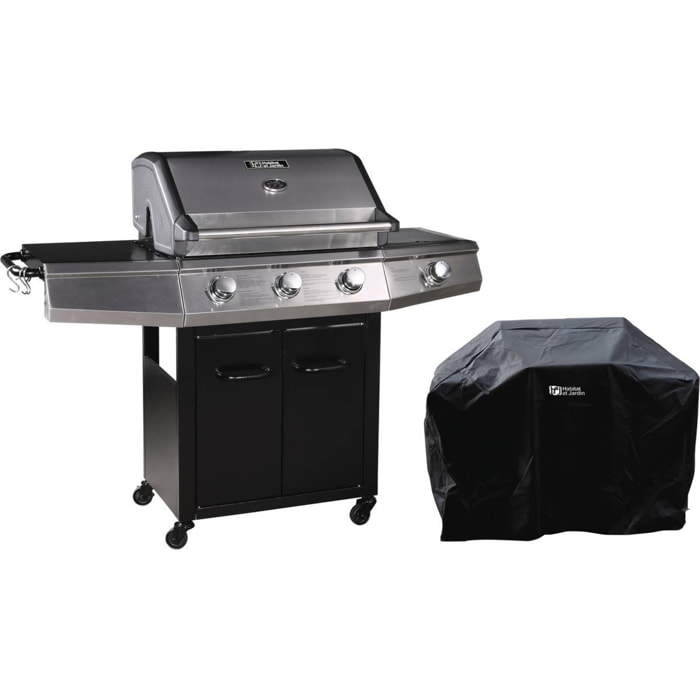 Barbecue Gaz avec LED "Bingo 4" - 4 brûleurs dont 1 latéral - 14kW + Housse protection - Noir