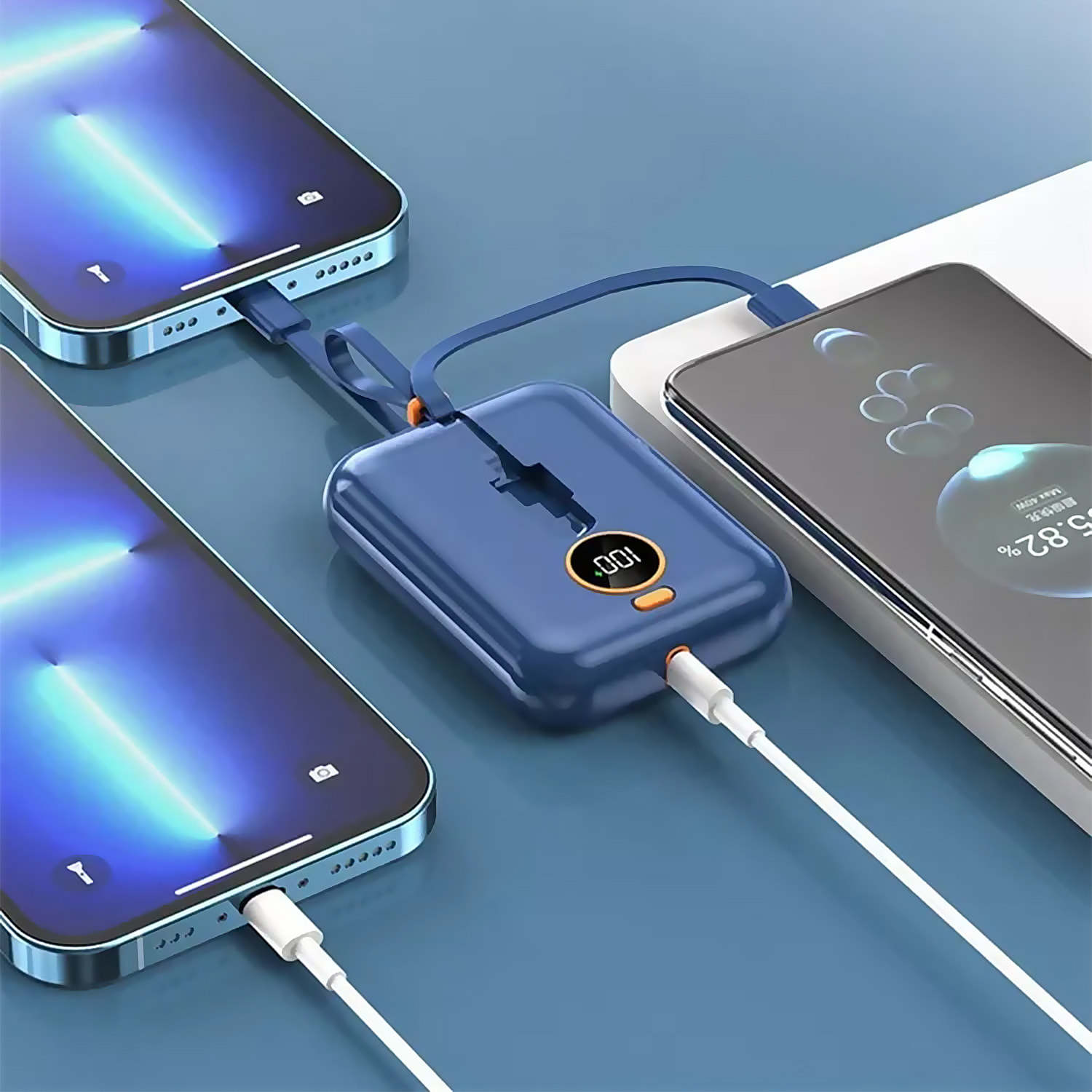 Powerbank 10.000mAh con carga rápida PD22,5W, cable USB-C y Lightning integrado. Pantalla led de carga.