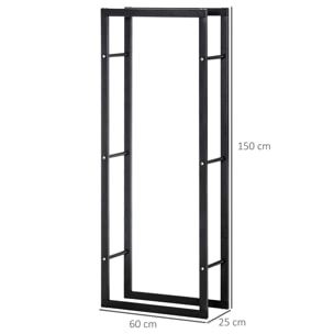 Soporte para Leña Estante de Leña Metálico Leñero de Exterior de Metal para Interior y Exterior Carga 100 kg 60x25x150 cm Negro