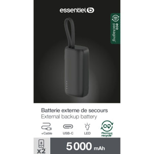 Batterie externe ESSENTIELB 5 000 mAh avec cable USB-C intégré