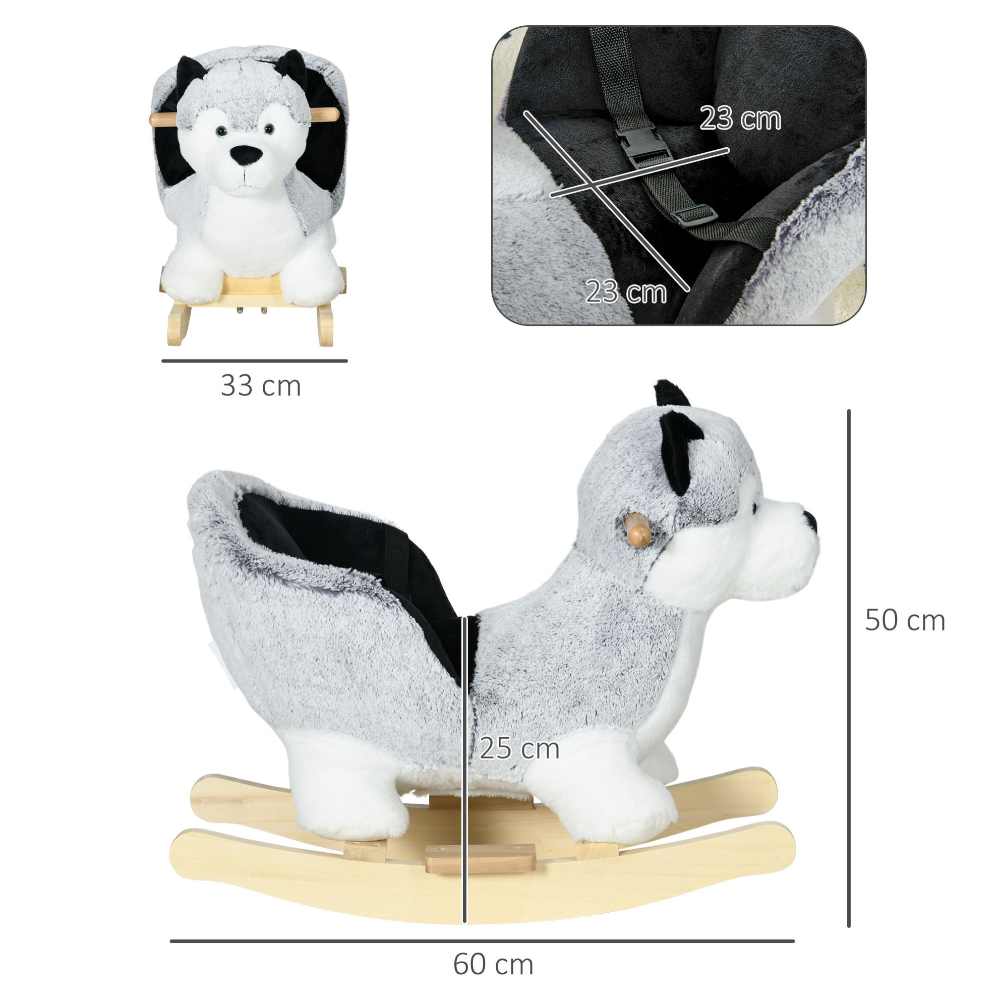 Caballo Balancín para Niños de 18-36 Mesas Forma Perro Husky Caballo de Juguete con Sonido Asas Cinturón de Seguridad y Base de Madera Carga 40 kg 60x33x50 cm Gris