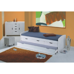 Letto singolo con letto estraibile inferiore e tre cassetti, colore bianco, cm 98 x 63 x 195