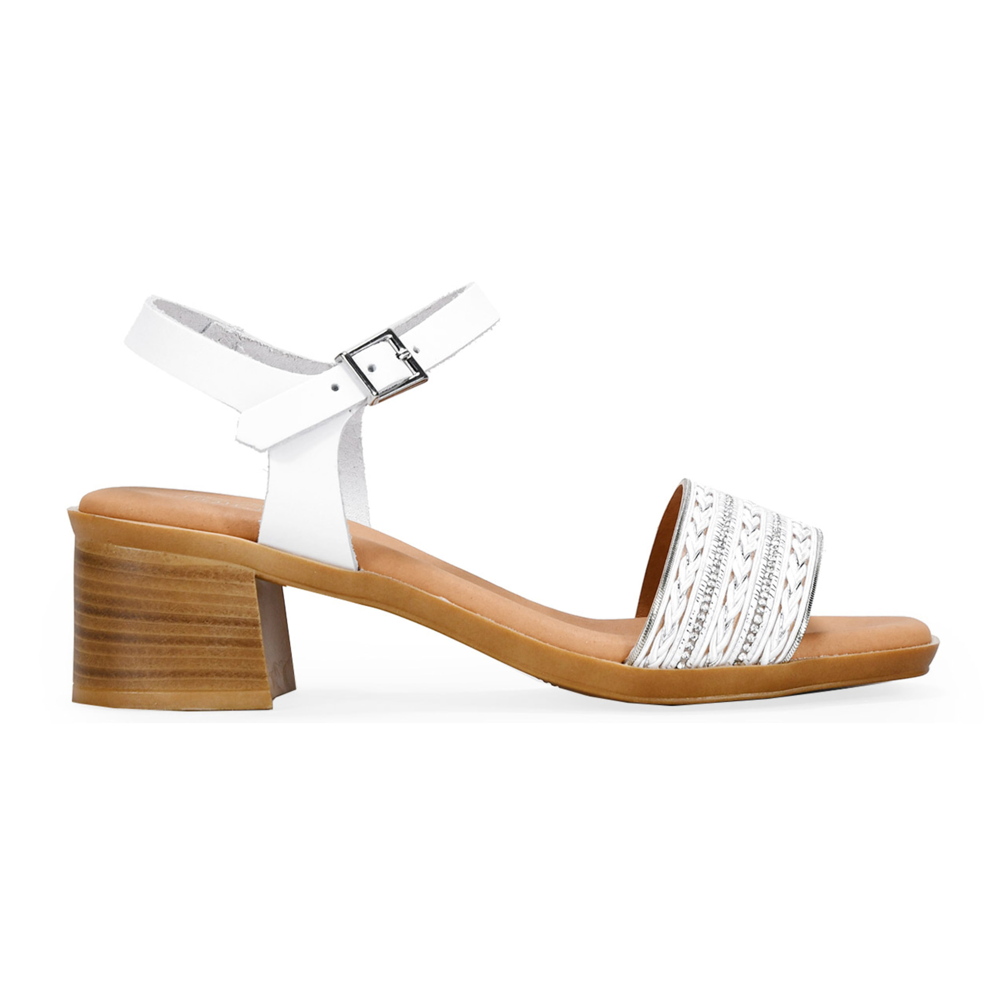 Sandalias de piel blancas con brillantes y tacón efecto madera