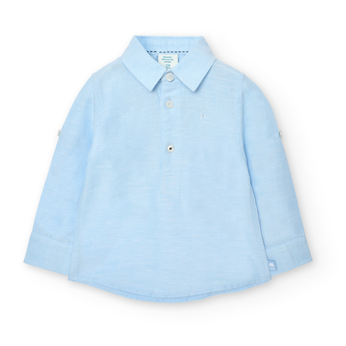 Camisa larga niño, lino estampada lisa, cuello camisero.