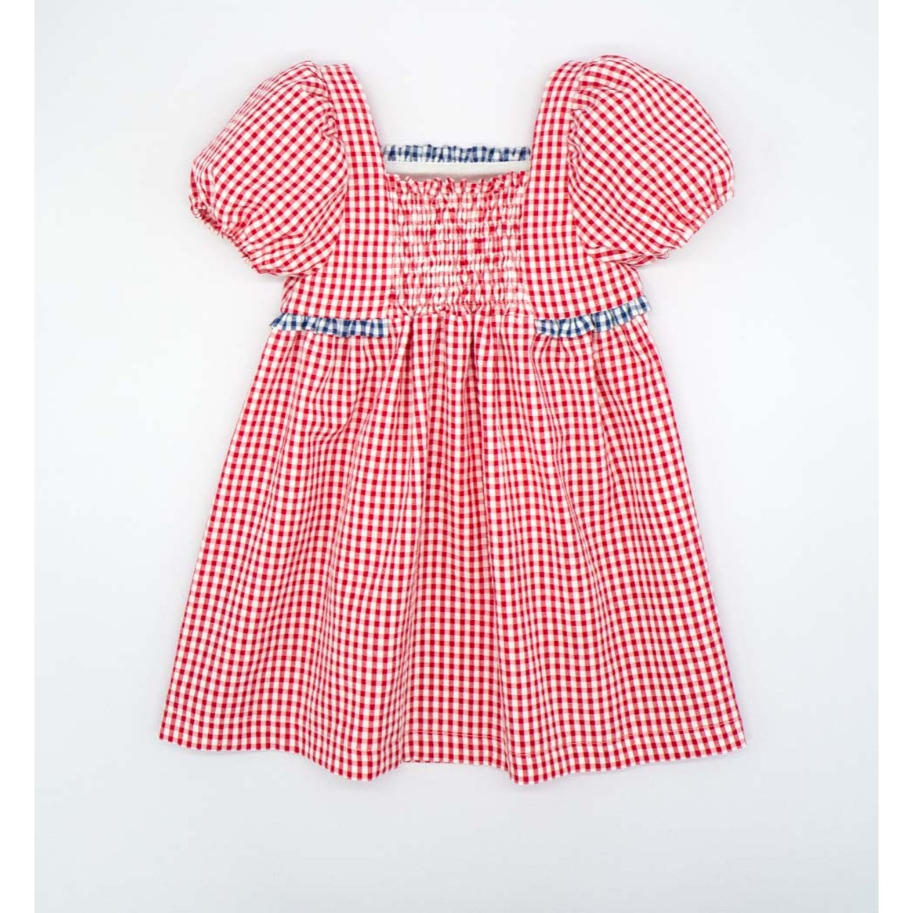 VESTIDO VICHY ROJO MANGA ABULLONADA Y VOLANTE VICHY AZUL