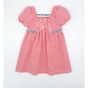 VESTIDO VICHY ROJO MANGA ABULLONADA Y VOLANTE VICHY AZUL