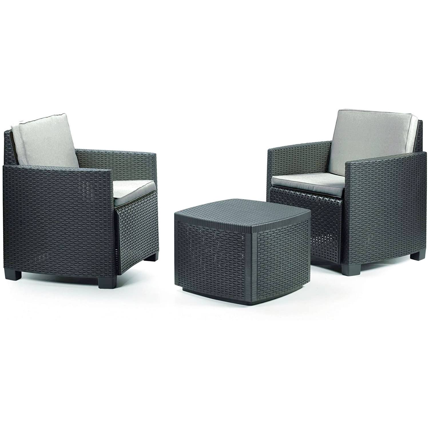 Trinacria - Salottino da giardino in polyrattan con 2 poltrone + tavolino contenitore antracite 2 cuscini color crema