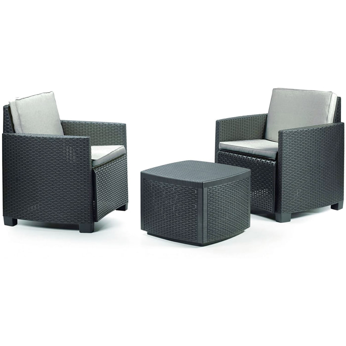Trinacria - Salottino da giardino in polyrattan con 2 poltrone + tavolino contenitore antracite 2 cuscini color crema