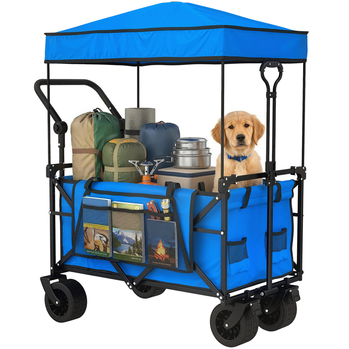 Carro Playa con Ruedas Grandes con Freno, Techo Extraíble, Carro Plegable para Jardín con Barra Ajustable, Portavasos y Bolsillos, Carga 100 kg, para Todo Terreno, Campaña, Compras, Azul