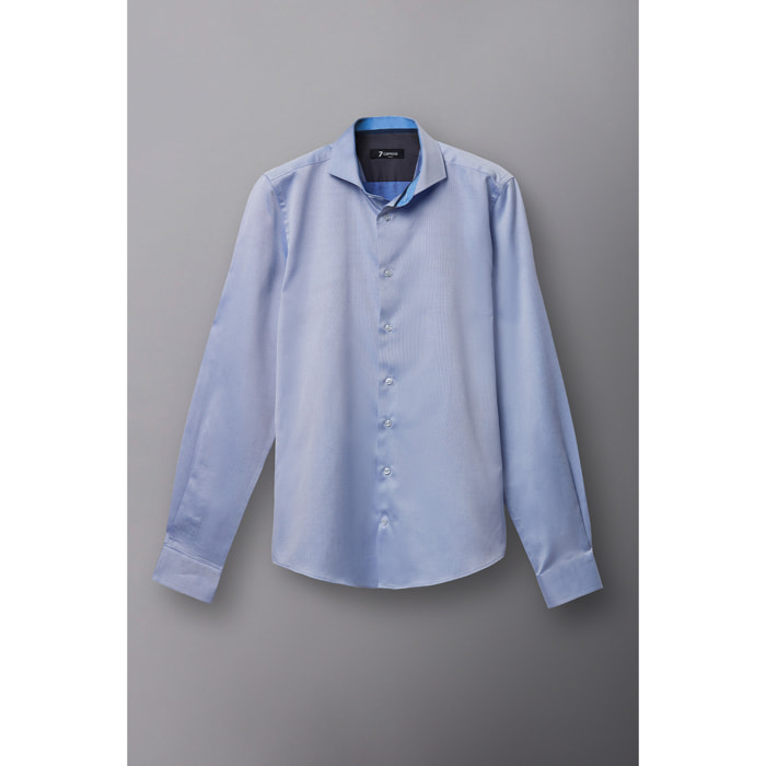 Camicia Uomo 1 Bottone Francese Slim Armaturato Fantasia Celeste