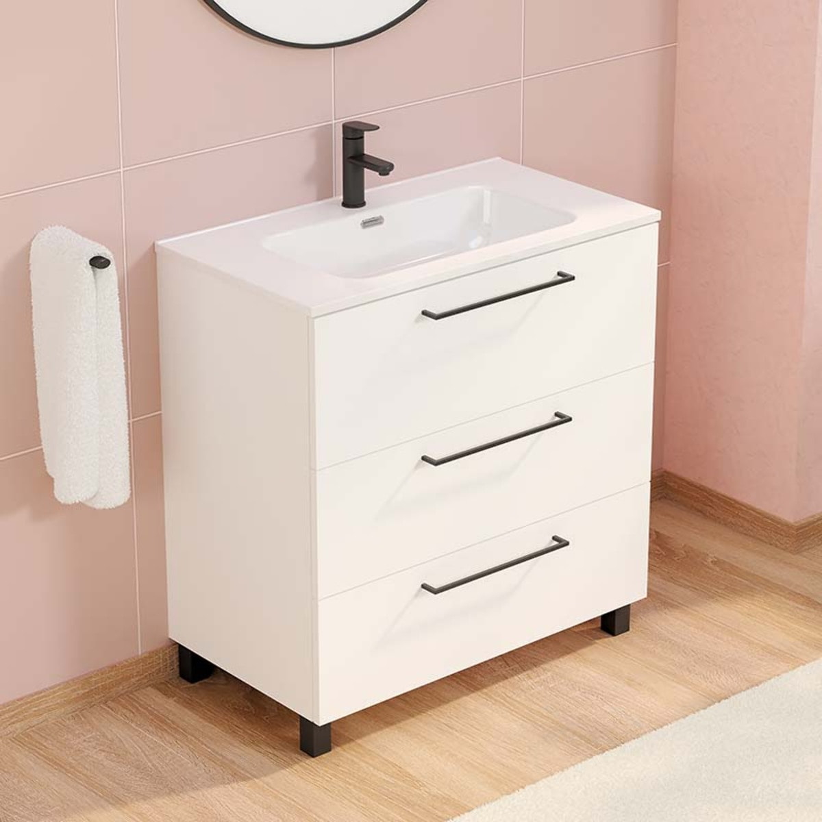Conjunto de baño Haru | Mueble de baño con patas | 80 cm Blanco| Tres cajones | Lavabo encastrado | No incluye espejo | Alday